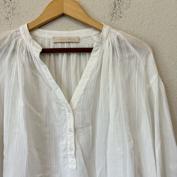 VANESSA BRUNO Nipoa Striped Blouse Sheer Split Neck in White - Picture 4 of 11